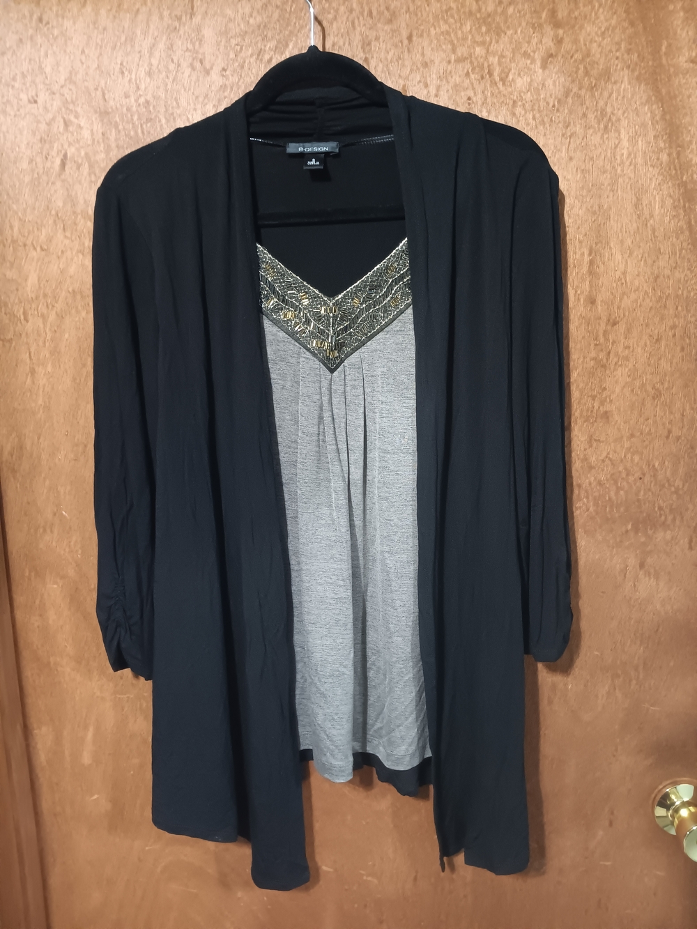 Black Open-Front Cardigan with Light Brown Embellished Tank